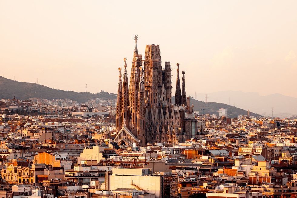 Barcelona skyline with Sagrada Familia at sunset, Catalonia, Spain