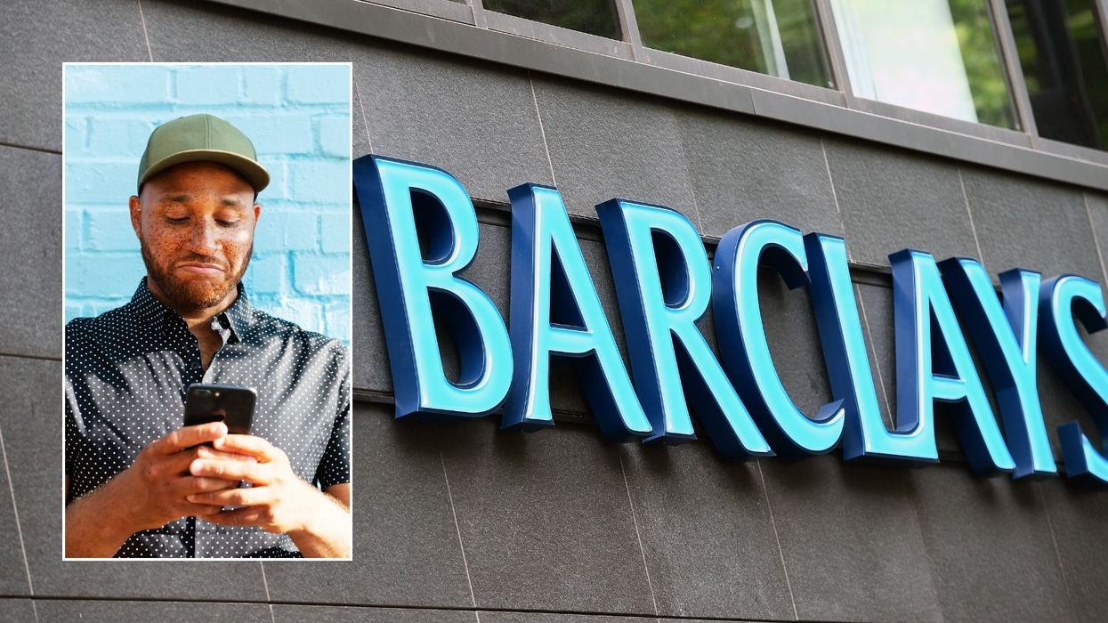 Barclays logo and disappointed man