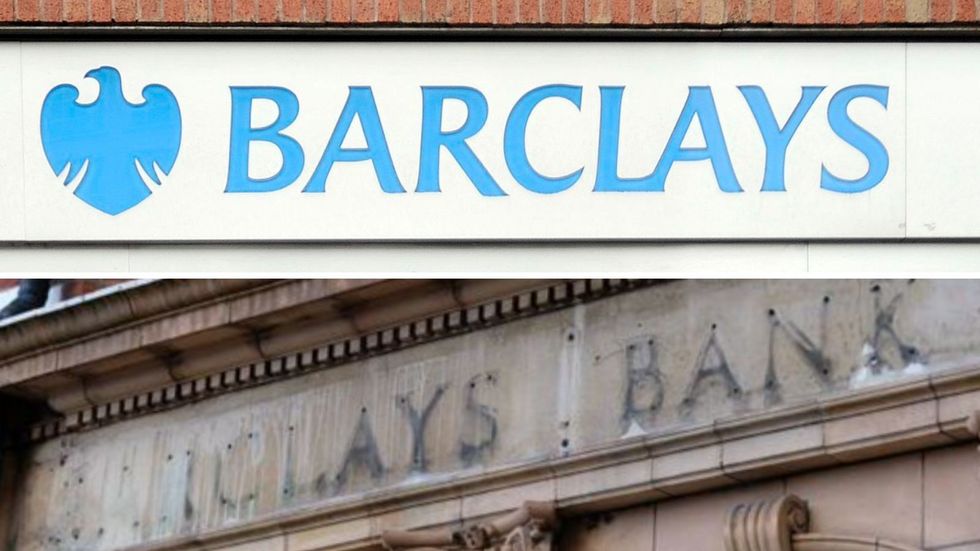 Barclays logo and empty bank after branch closure