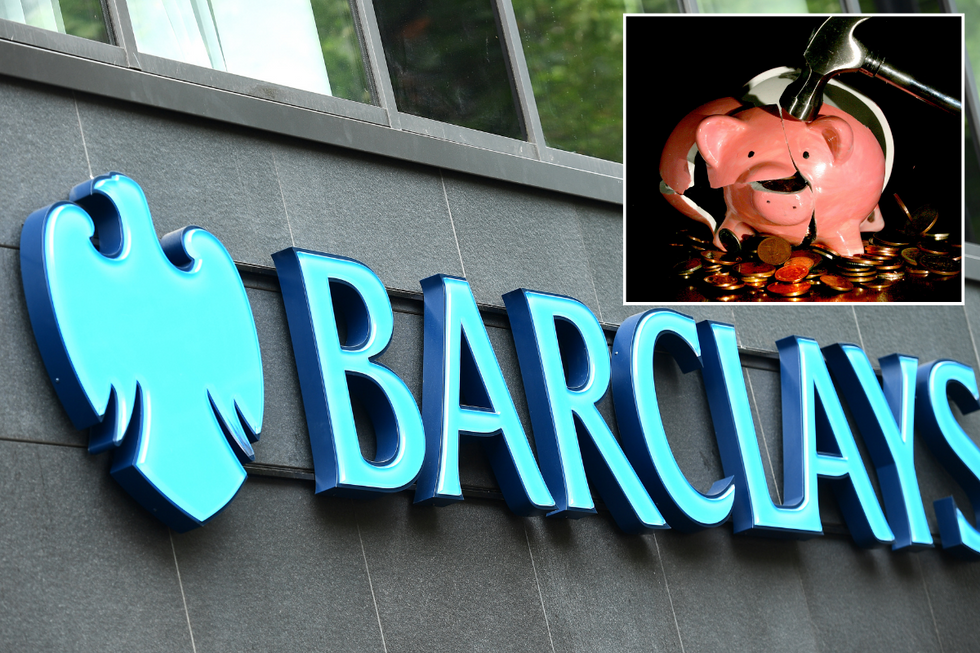 Barclays sign with inset of piggy bank smashed