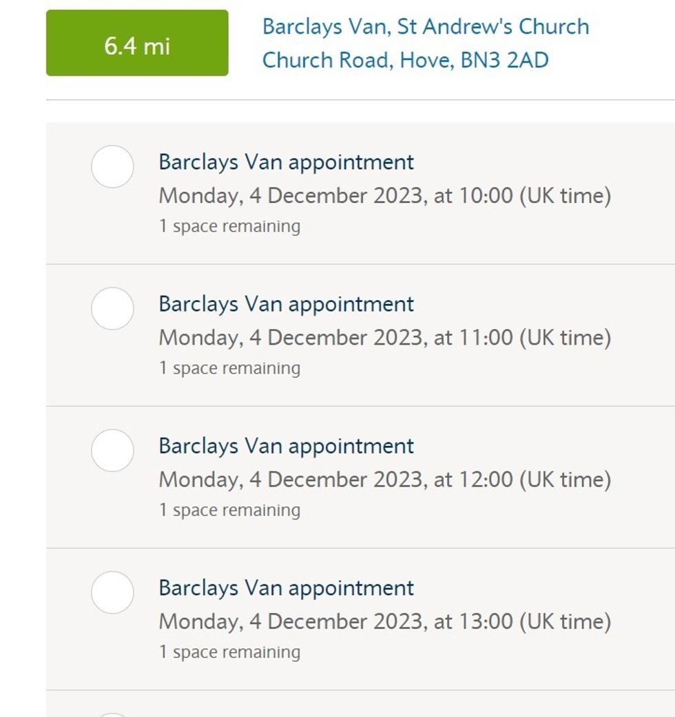 Barclays Van appointment list on Barclays website