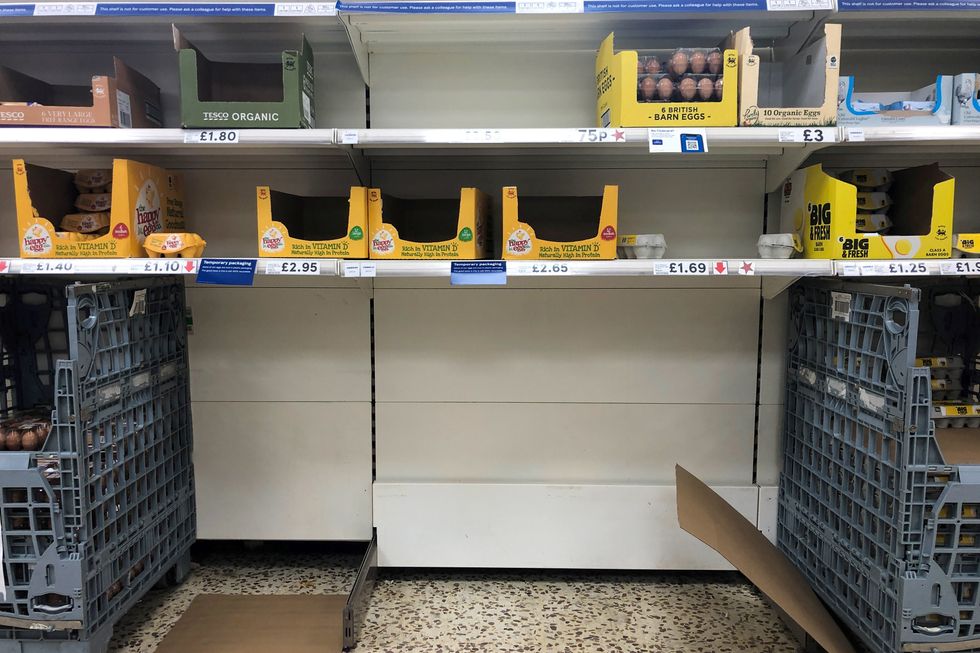 Bare shelves of eggs at a Tesco superstore in Cambridge, ahead of a national lockdown for England from Thursday.
