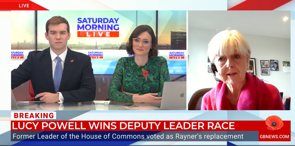 Baroness Hayter speaking with Olivia Utley and Charlie Peters
