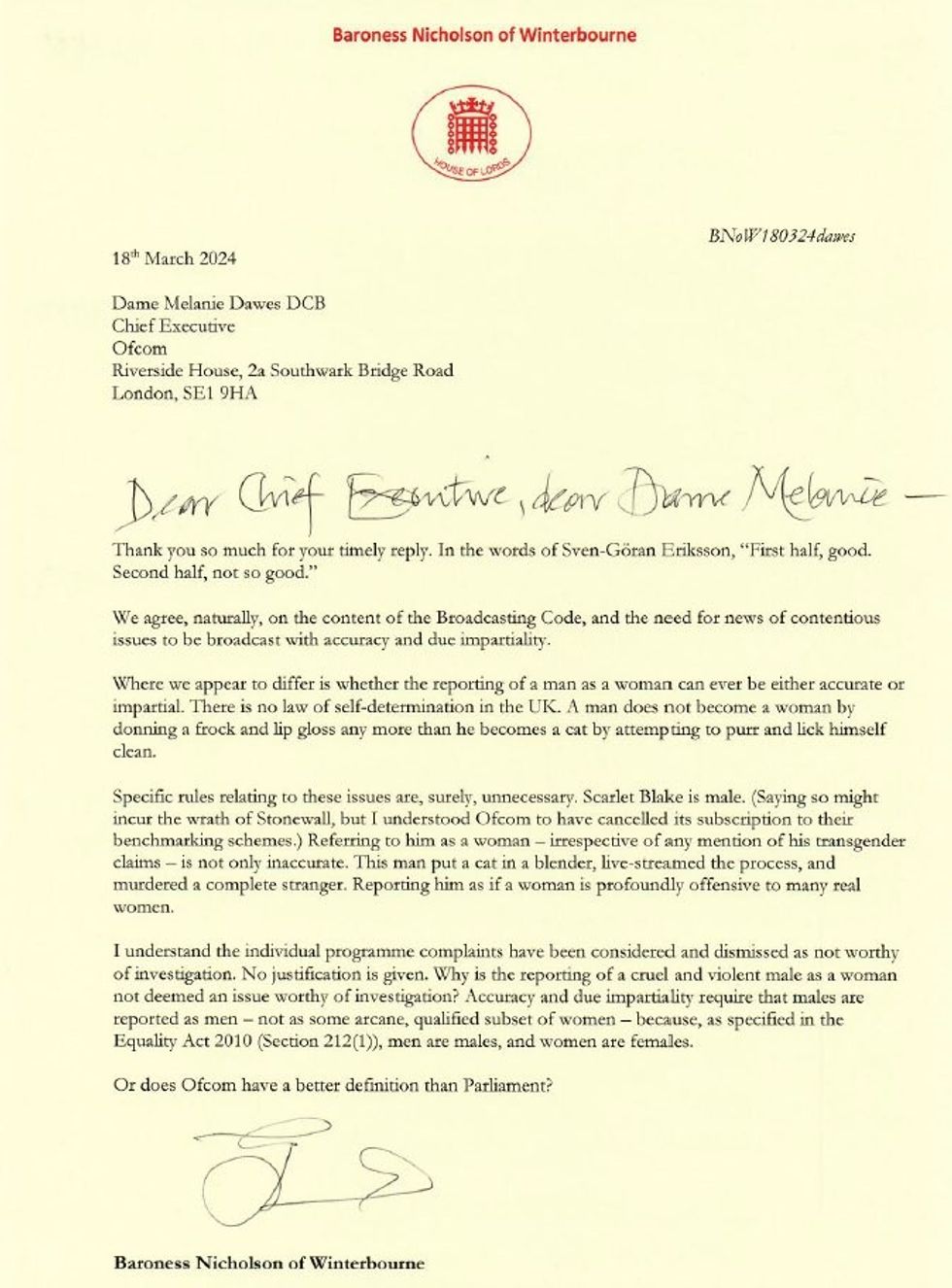 Baroness Nicholson's letter