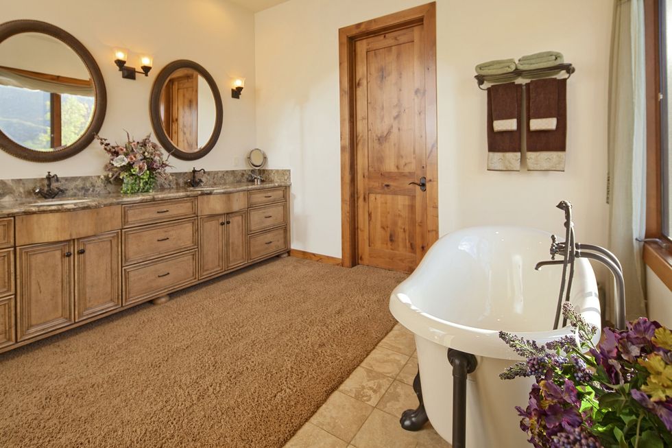 Bathroom with brown interior and carpet