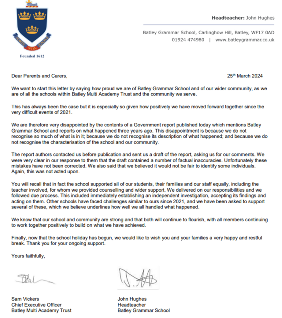 Batley School letter