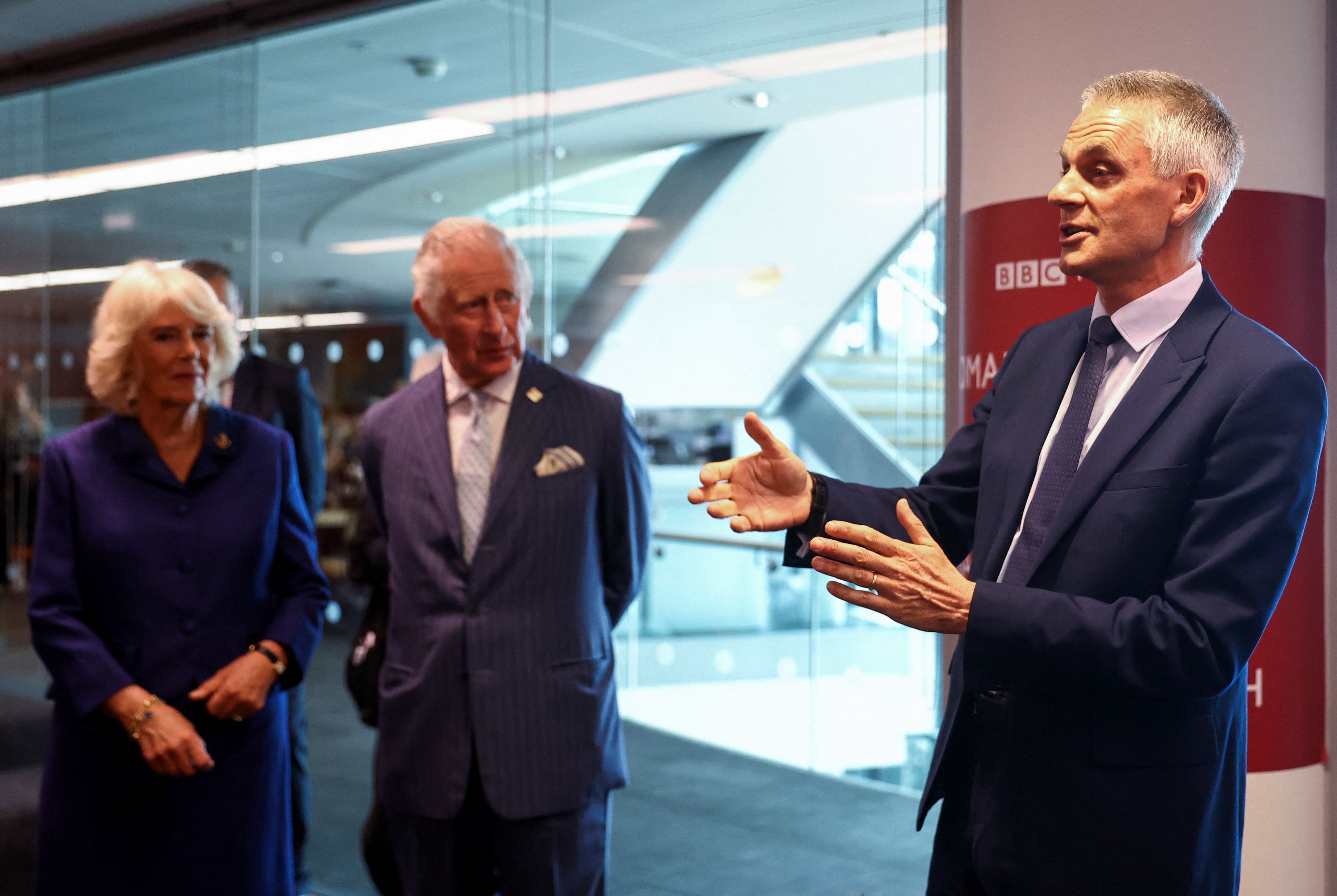 bbc director general tim davie pictured speaking inside bbc broadcasting house with the king and queen