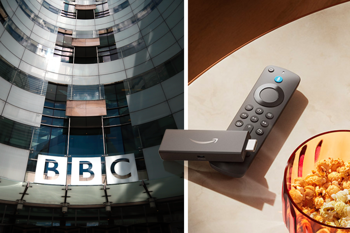 BBC headquarters on Regents Street pictured from the outside with a Fire TV Stick and popcorn side by side