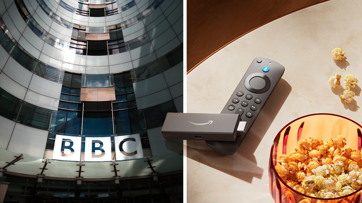 BBC headquarters on Regents Street pictured from the outside with a Fire TV Stick and popcorn side by side