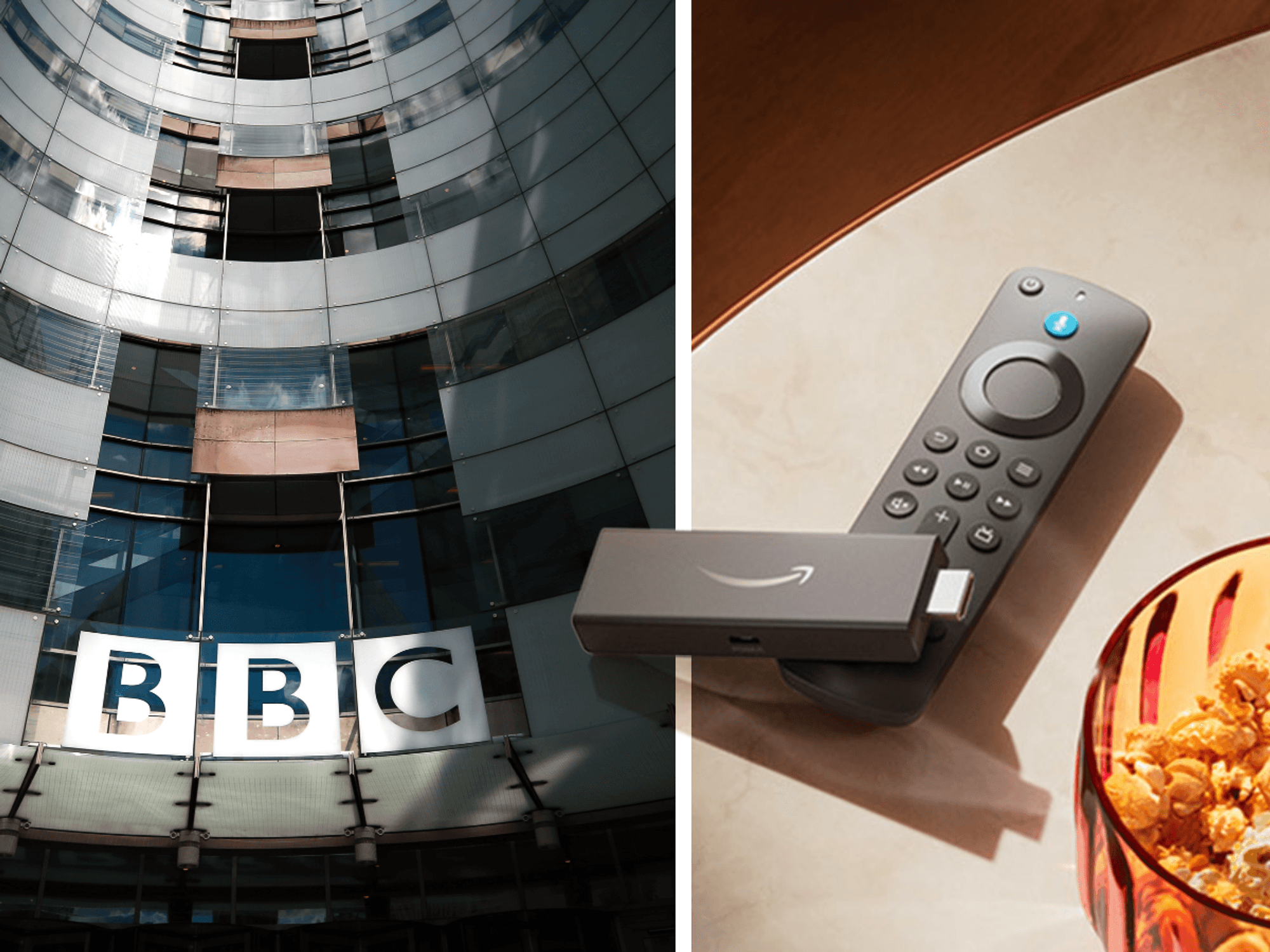 BBC headquarters on Regents Street pictured from the outside with a Fire TV Stick and popcorn side by side
