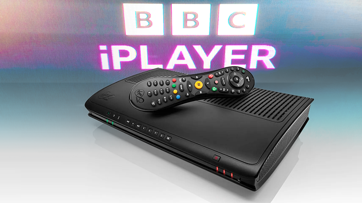 BBC iPlayer logo floating behind the Virgin Media TiVo set-top box