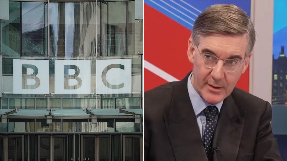 BBC logo and Jacob Rees-Mogg