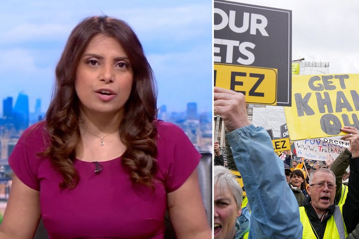 BBC London presenter and reporter Alpa Patel and protesters in Trafalgar Square