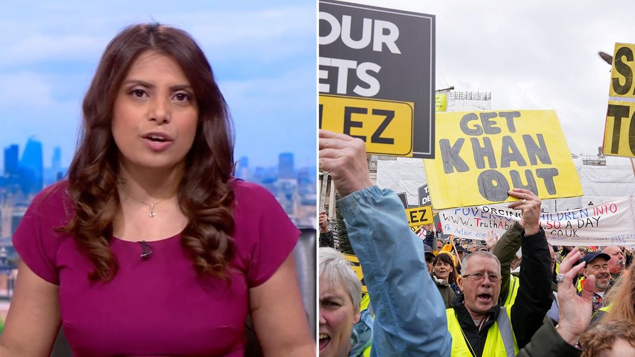 BBC London presenter and reporter Alpa Patel and protesters in Trafalgar Square