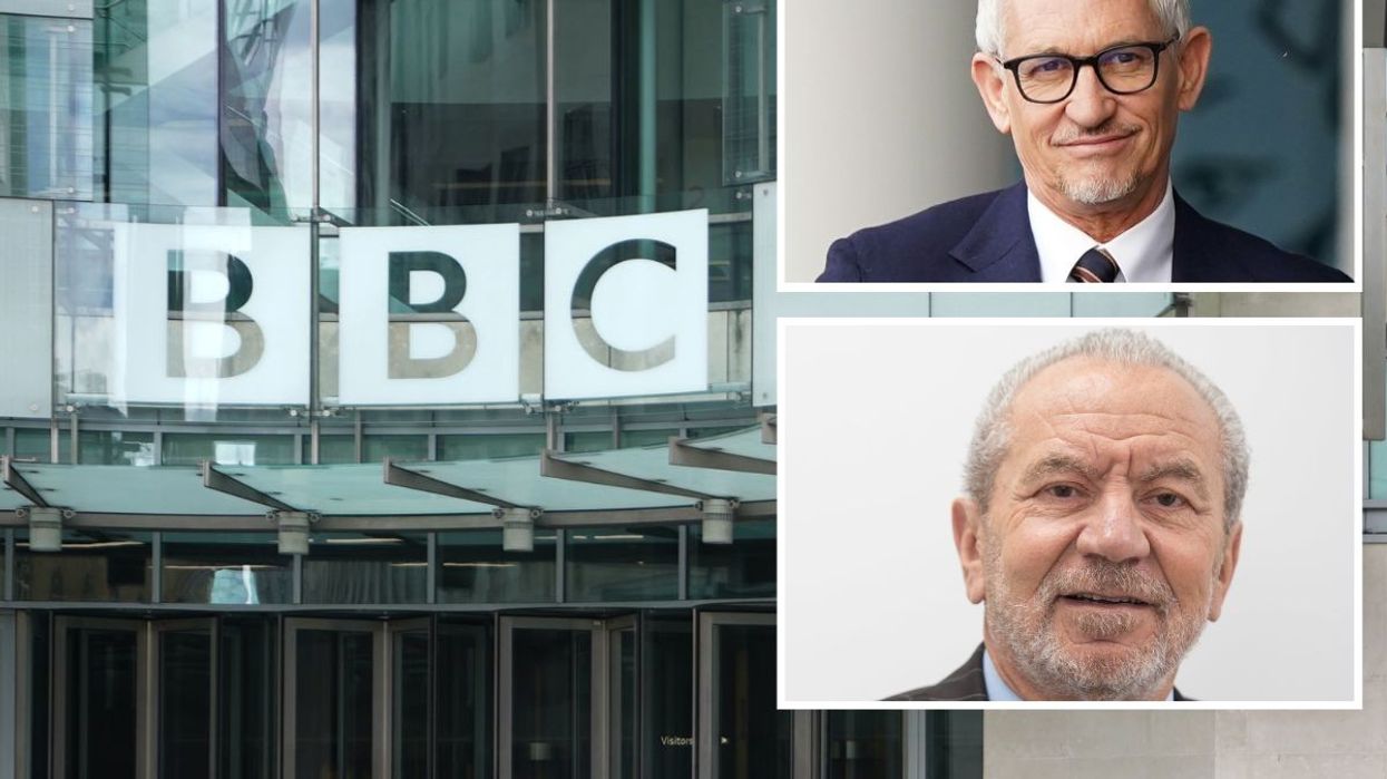 BBC New broadcasting House. Gary Lineker and Alan Sugar inset
