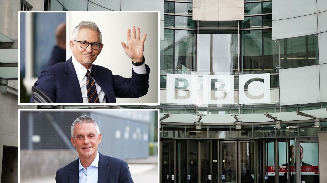 BBC New Broadcasting House with Gary Lineker and Tim Davie inset