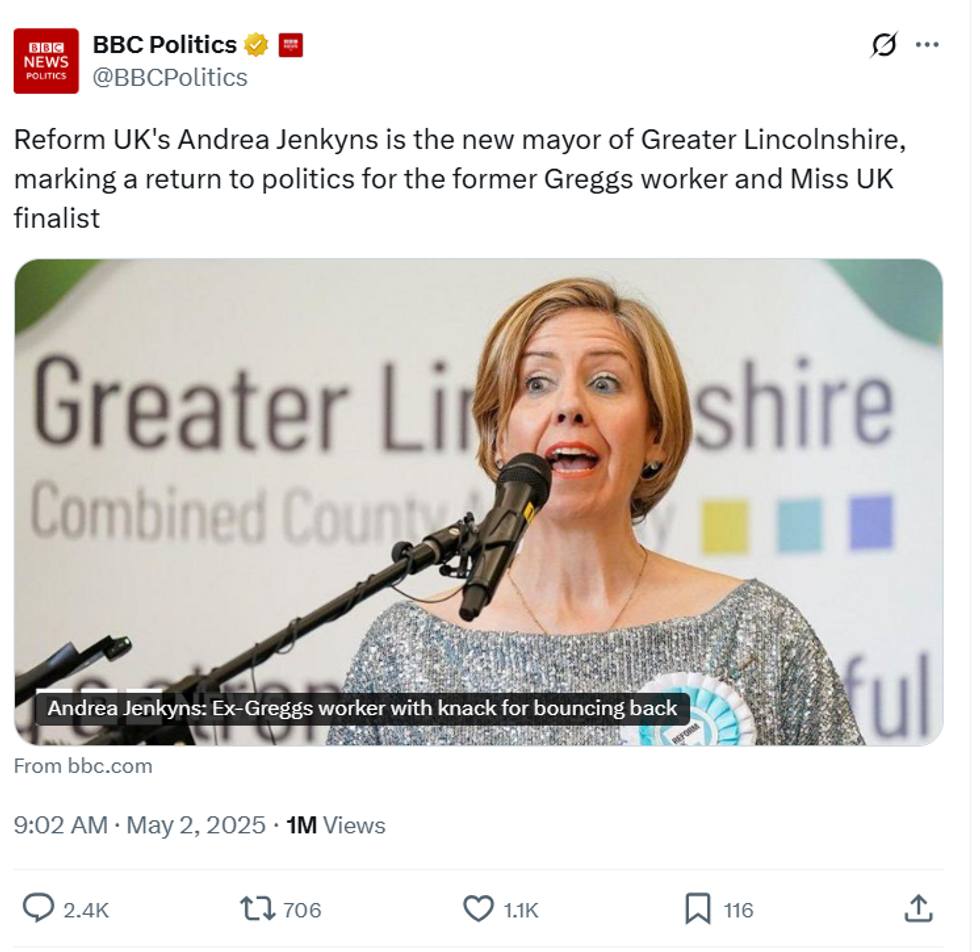 BBC tweet brands Andrea Jenkyns as a 'former Greggs worker'