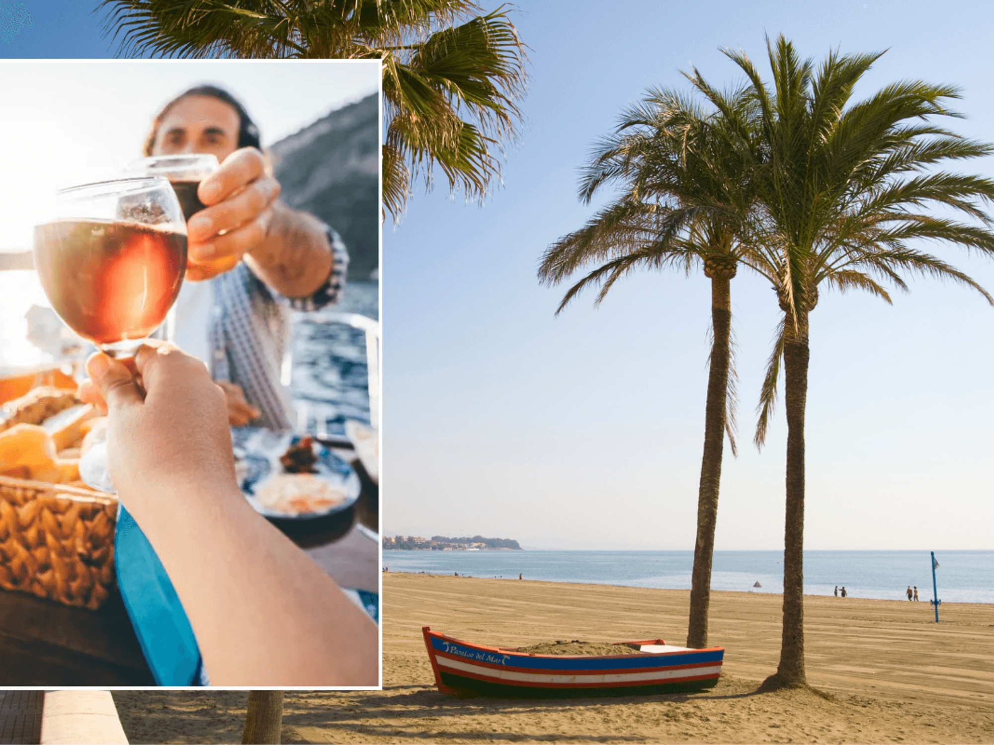 Beach at Estepona on Spain's Costa del Sol / people cheersing drinks on holiday