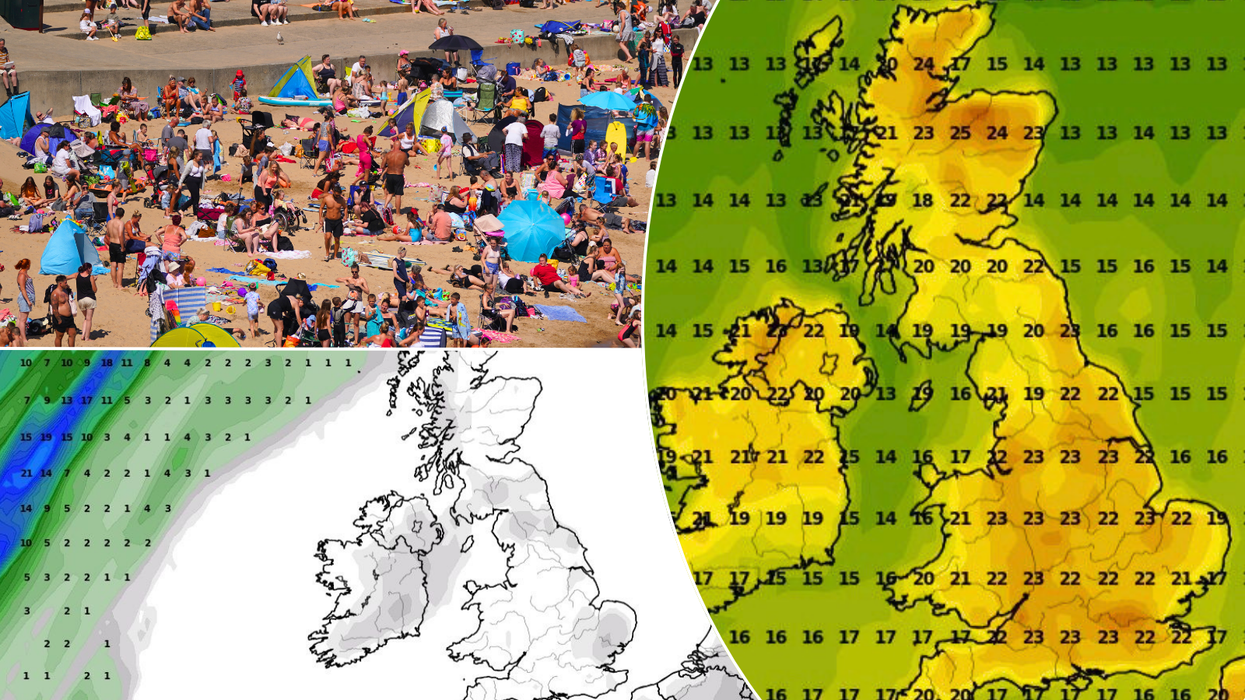 Beach in hot weather/rainfall and temperature maps of the UK and Ireland
