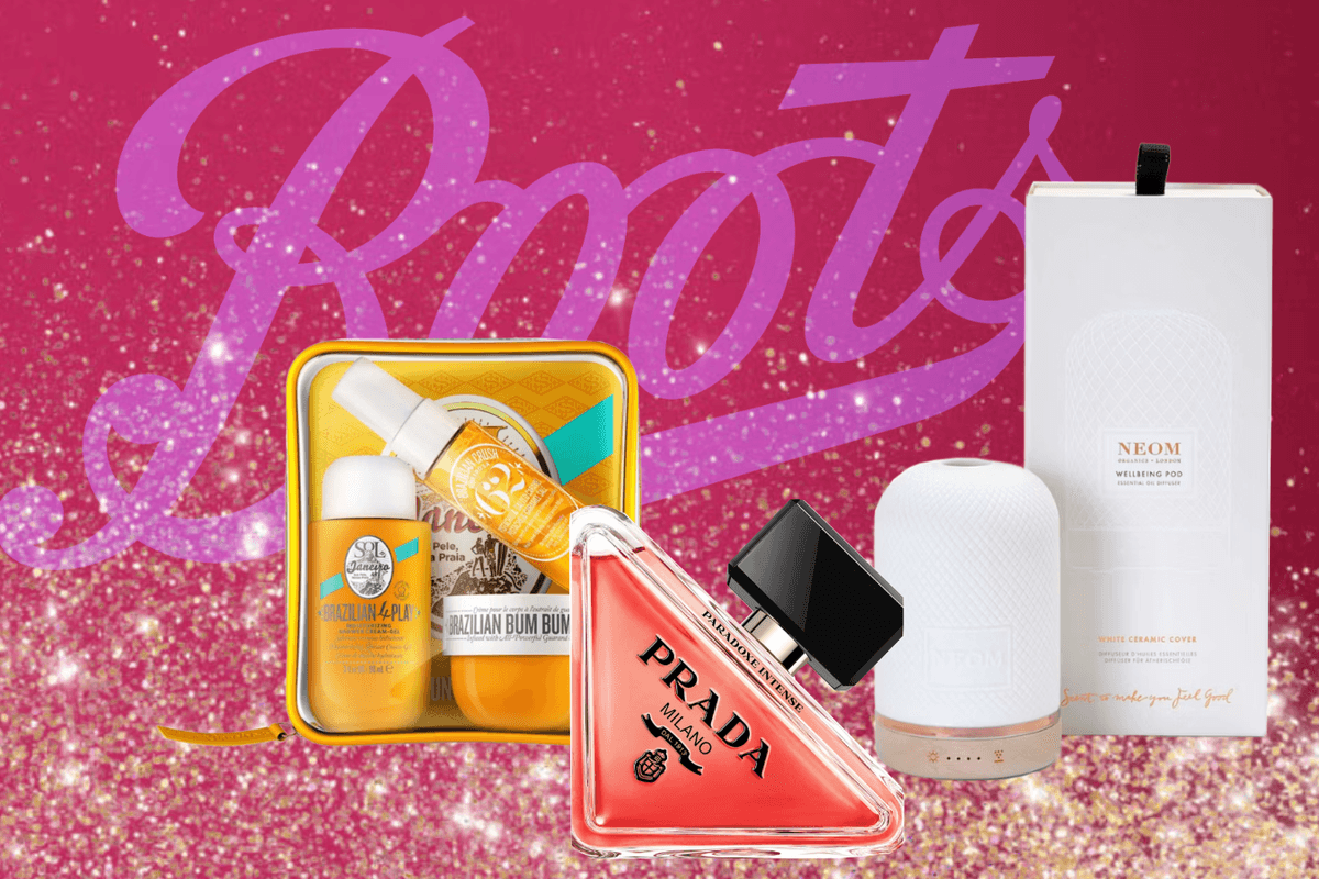 Beauty, skincare, and wellness products on sale in front of Boots logo