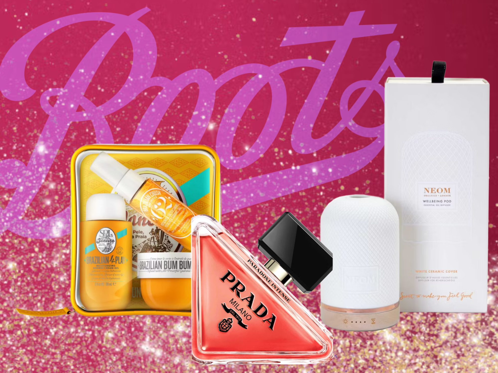 Beauty, skincare, and wellness products on sale in front of Boots logo