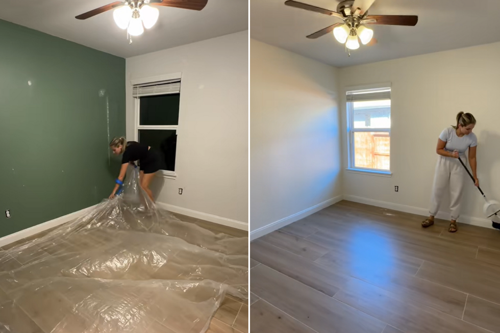 Before and after of Katie painting her sons' playroom