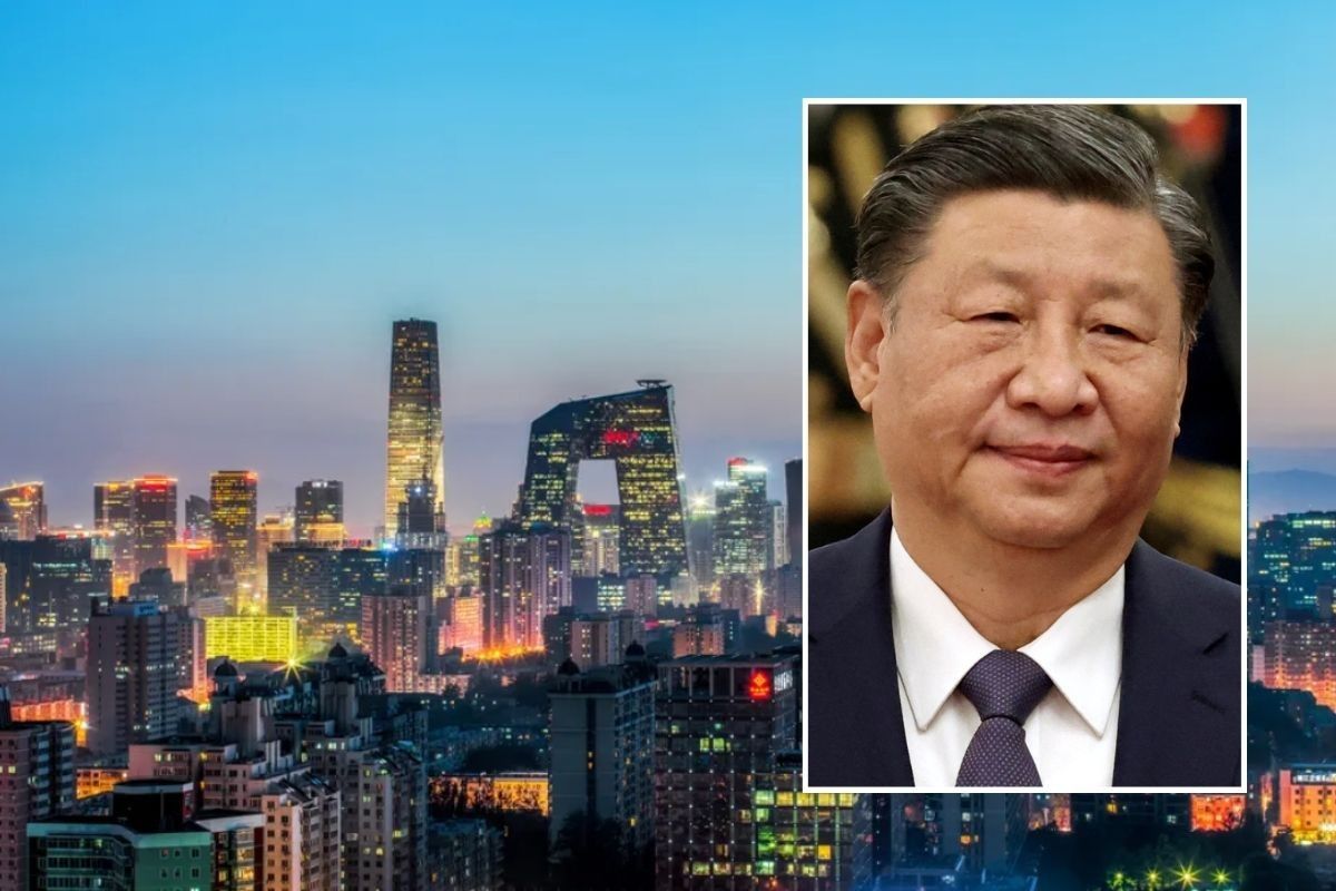 Beijing skyline and Xi Jinping