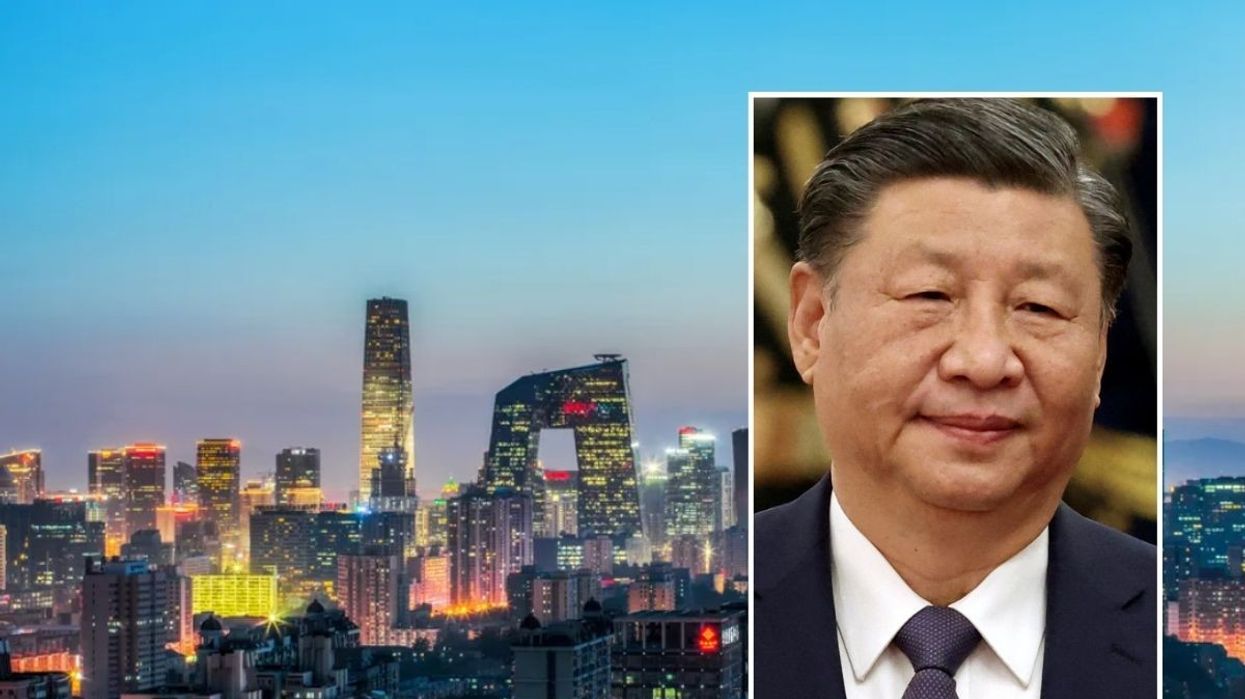 Beijing skyline and Xi Jinping