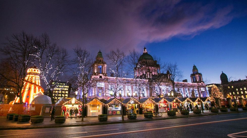 Belfast Christmas Market pictured at sunset