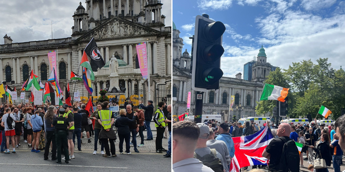 NextImg:Riot police separate protesters and counter protesters as 'fireworks thrown' in Belfast clashes