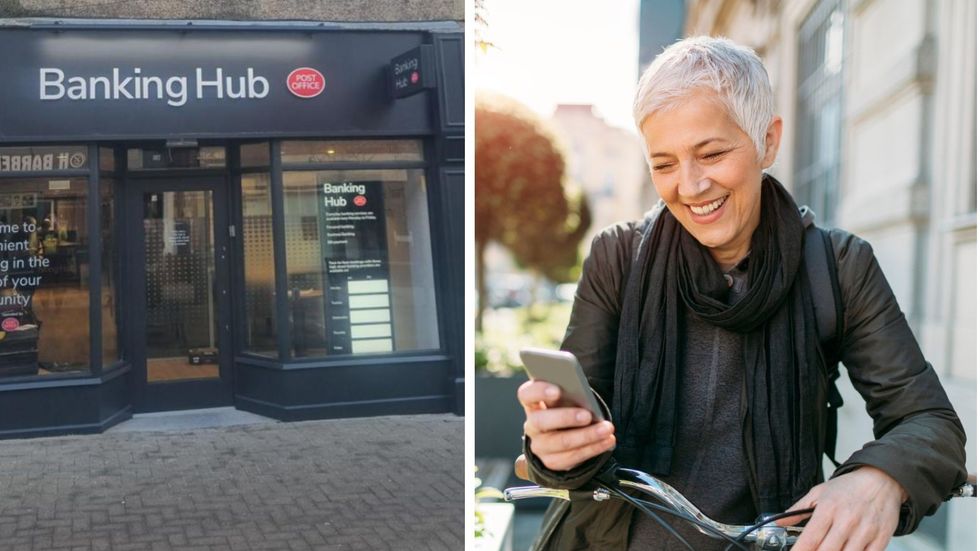 Belper banking hub and woman looking happy at phone