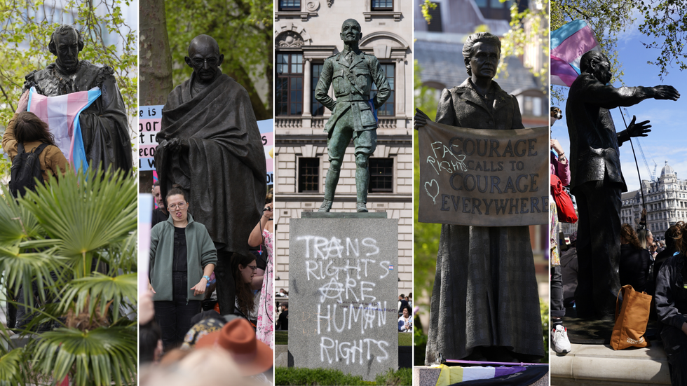Benjamin Disraeli, Mahatma Gandhi, Jan Smuts, Millicent Fawcett and Nelson Mandela statues during the protests today