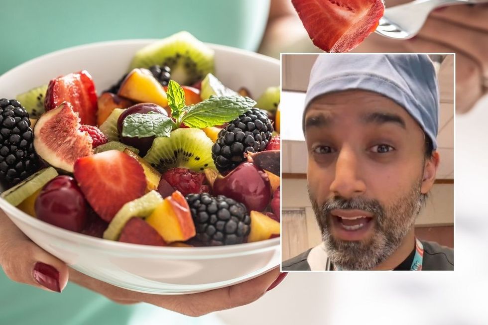Berries in bowl and dr hassan headshot