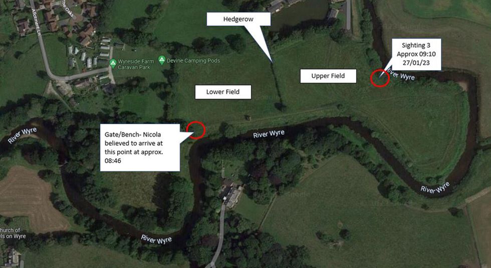 BEST QUALITY AVAILABLE Undated handout image issued by Lancashire Police of an aerial view of the area showing where Nicola Bulley was last seen on the morning of Friday January 27, when she was spotted walking her dog on a footpath by the river. The potential witness is described as wearing a red and white coat with a fur hood, light-coloured trousers and a light bobble hat. She was walking a small, white dog on Allotment Lane at around 8.48am. Issue date: Thursday February 2, 2023.