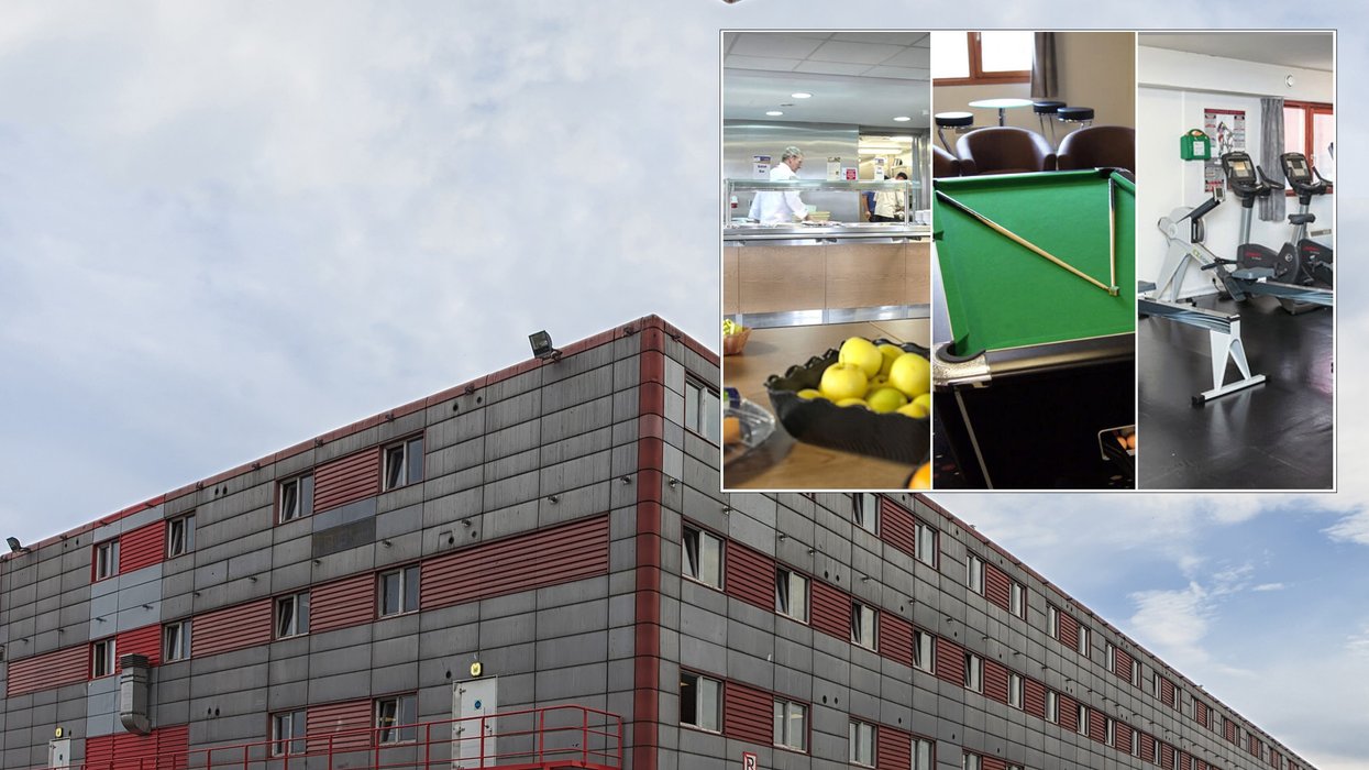 Bibby Stockholm exterior with images inset of interior