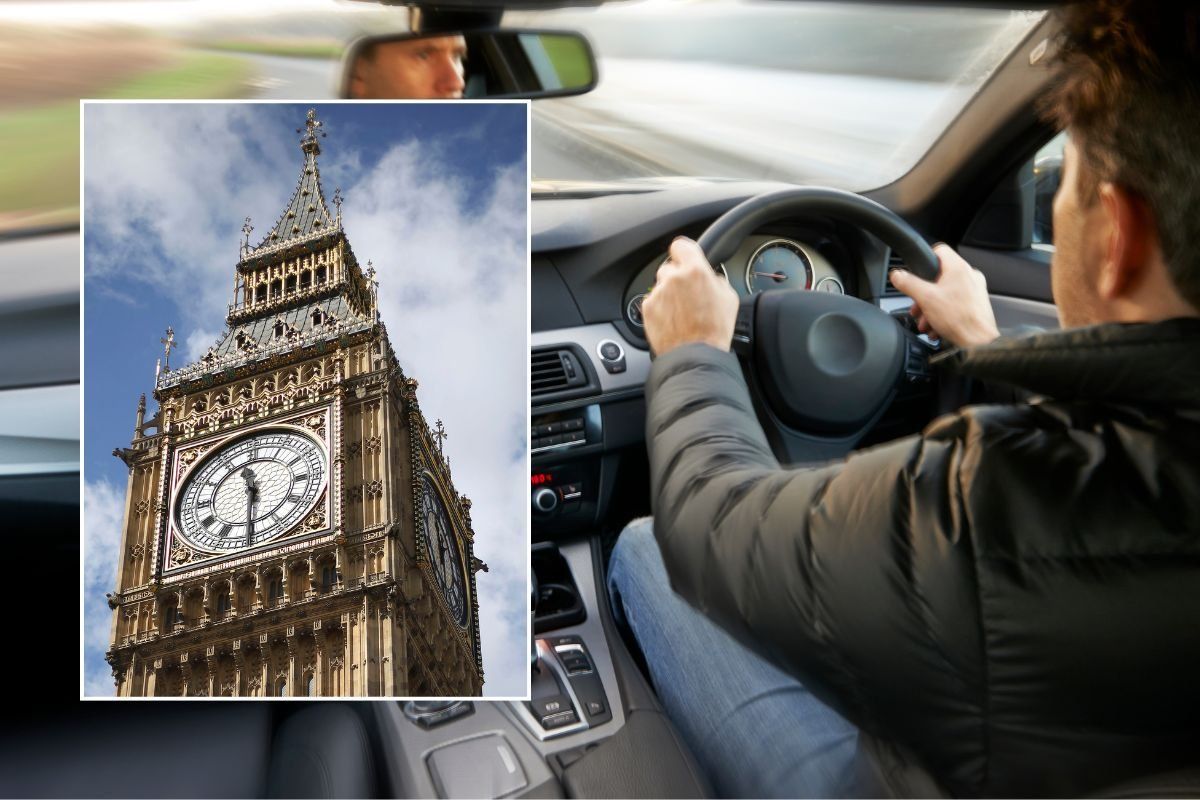 Big Ben and a man driving a car