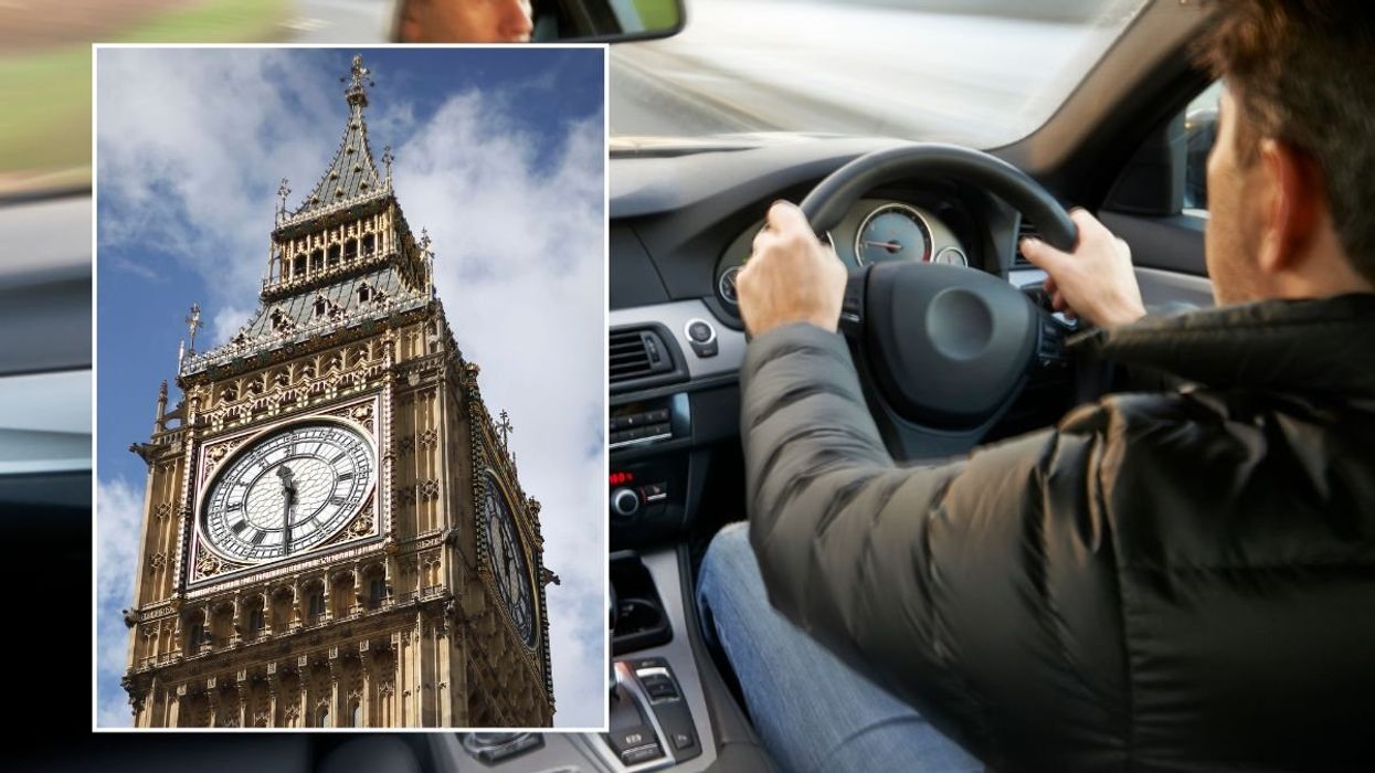 Big Ben and a man driving a car