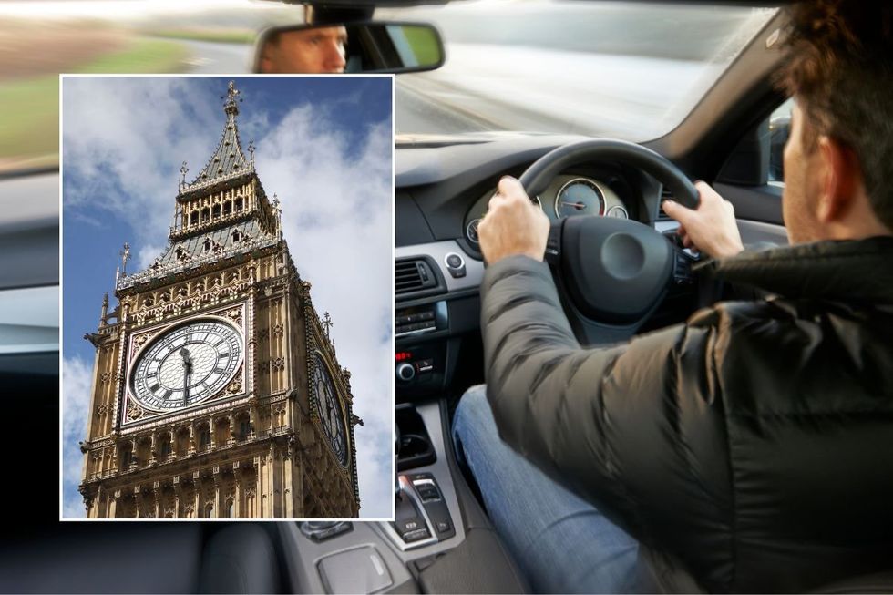 Big Ben and a man driving a car