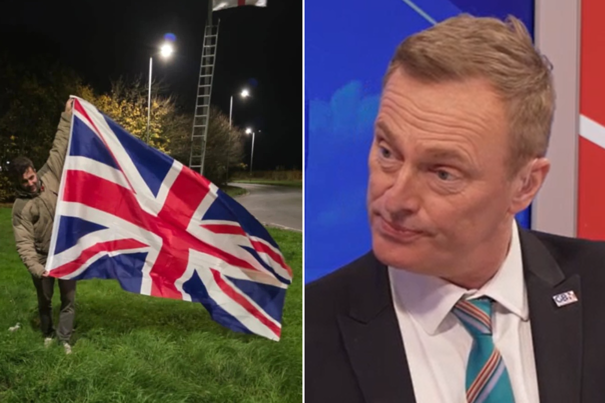 Bill Crotty brandishing a Union Jack; Martin Daubney