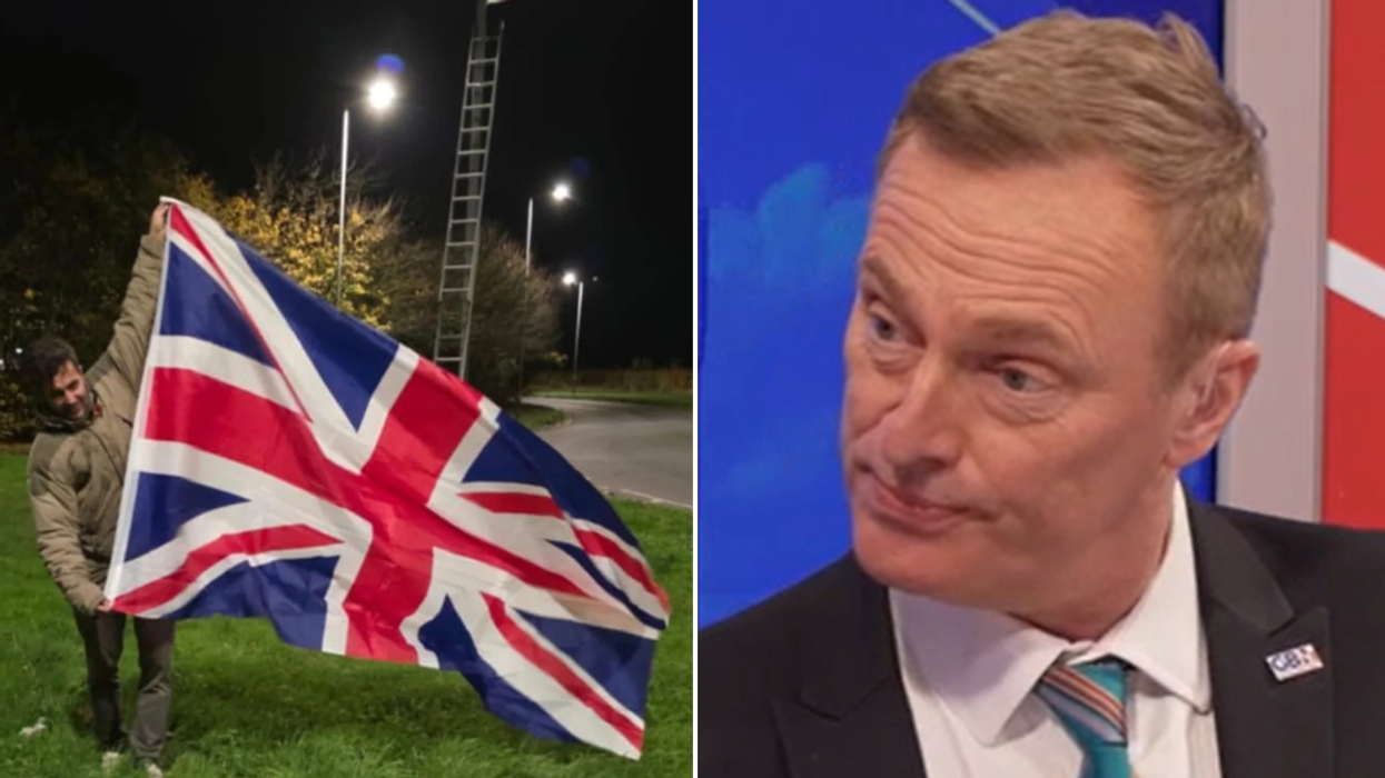 Bill Crotty brandishing a Union Jack; Martin Daubney