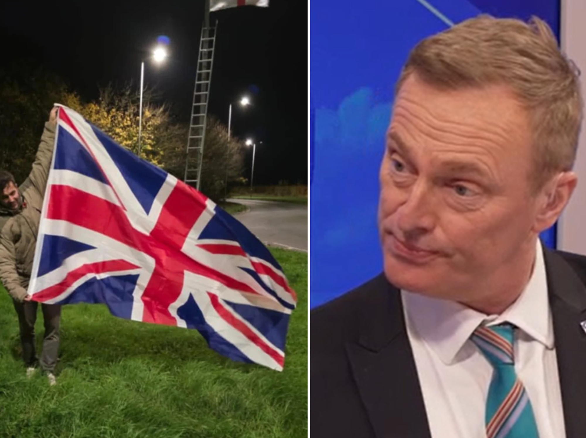 Bill Crotty brandishing a Union Jack; Martin Daubney