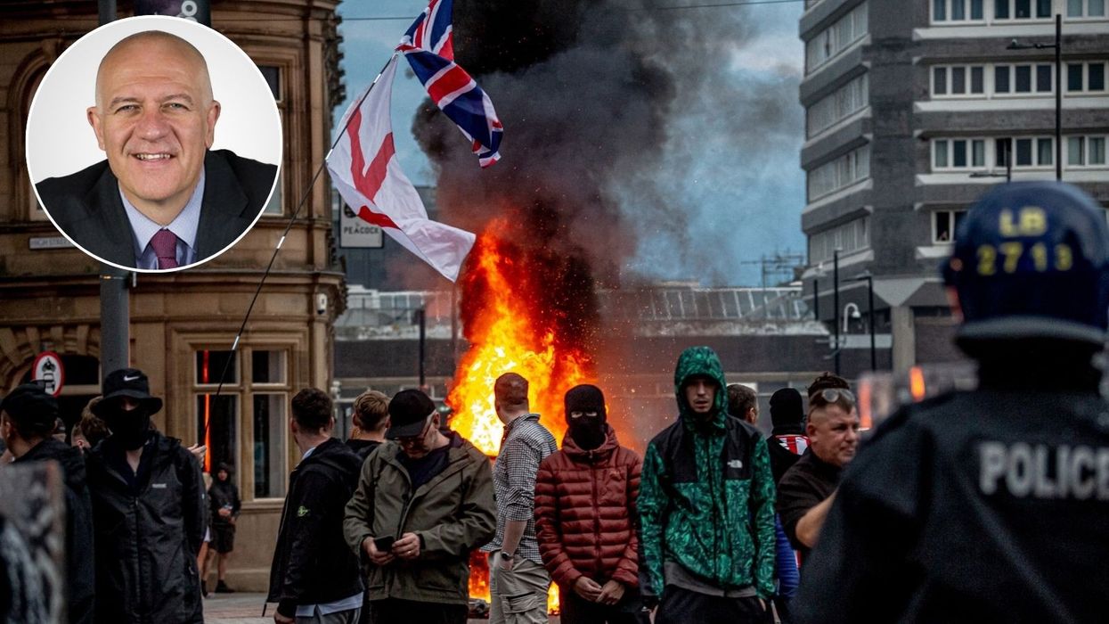 Bill Rammell (inset) and photo of fire police amid riots