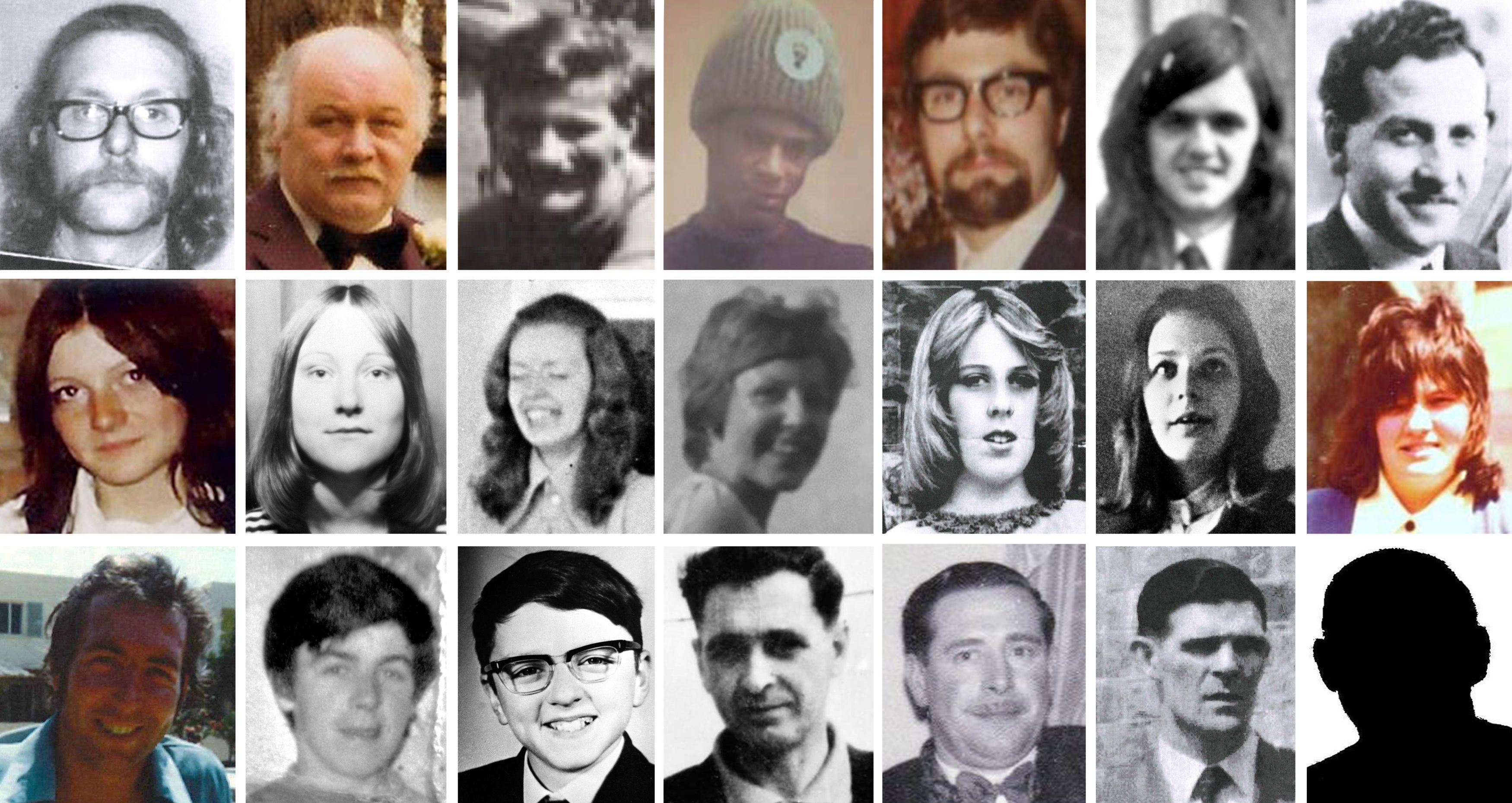 Birmingham Pub bombing victims (top row, left to right) Michael Beasley, 30, Stan Bodman, 47, James Craig, 34, Paul Davies, 17, Trevor Thrupp, 33, Desmond Reilly, 20 and James Caddick, 40, (second row, left to right) Maxine Hambleton, 18, Jane Davis, 17, Maureen Roberts, 20, Lynn Bennett, 18, Anne Hayes, 18, Marilyn Nash, 22 and Pamela Palmer, 19, (bottom row, left to right) Thomas Chaytor, 28, Eugene Reilly, 23, Stephen Whalley, 21, John Rowlands, 46, John 'Cliff' Jones, 51, Charles Gray, 44, and Neil Marsh, 16 (no picture available)