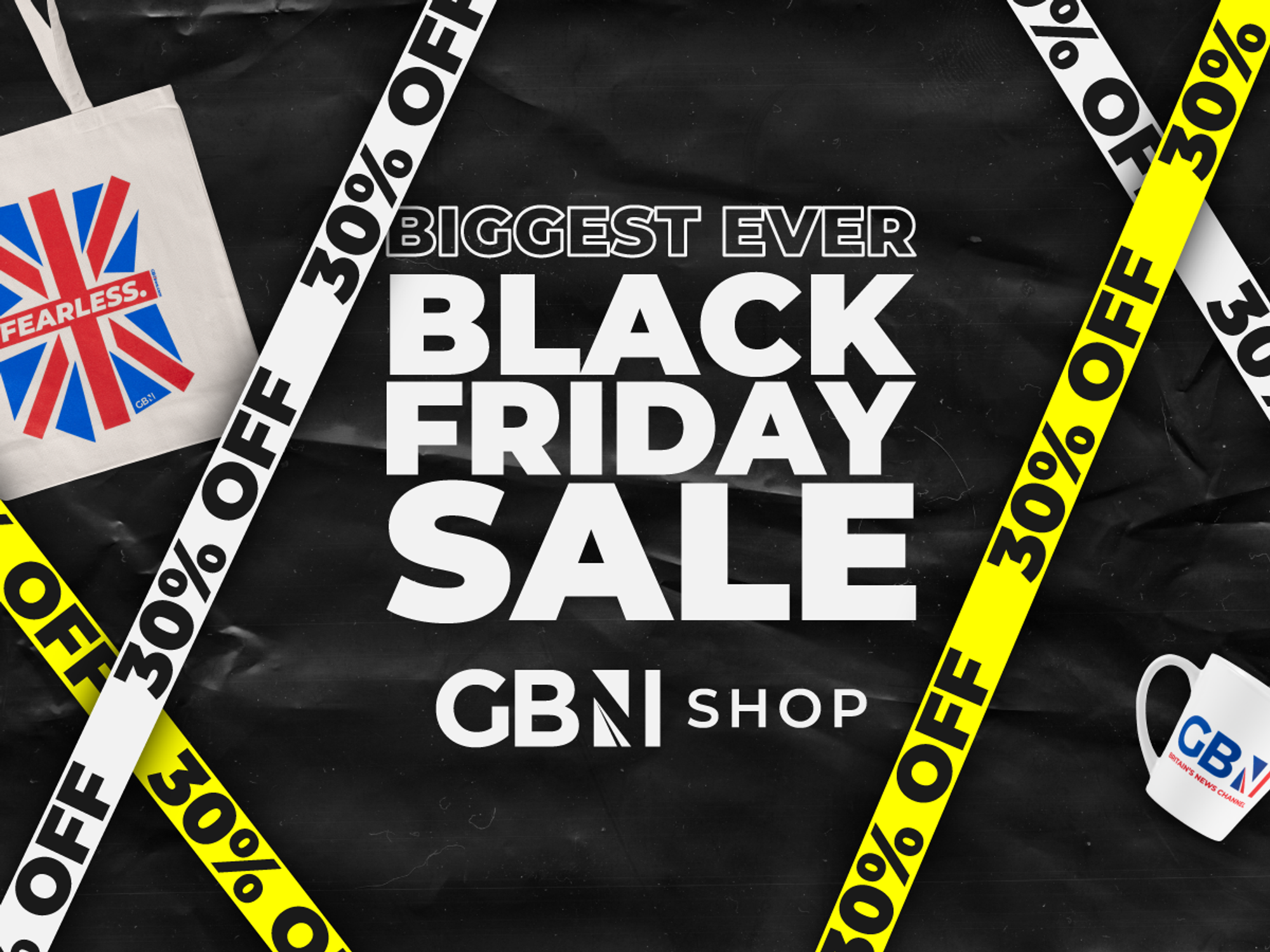 black friday sale on the gbn shop banner with the fearless tote bag and studio mug shown on a black background