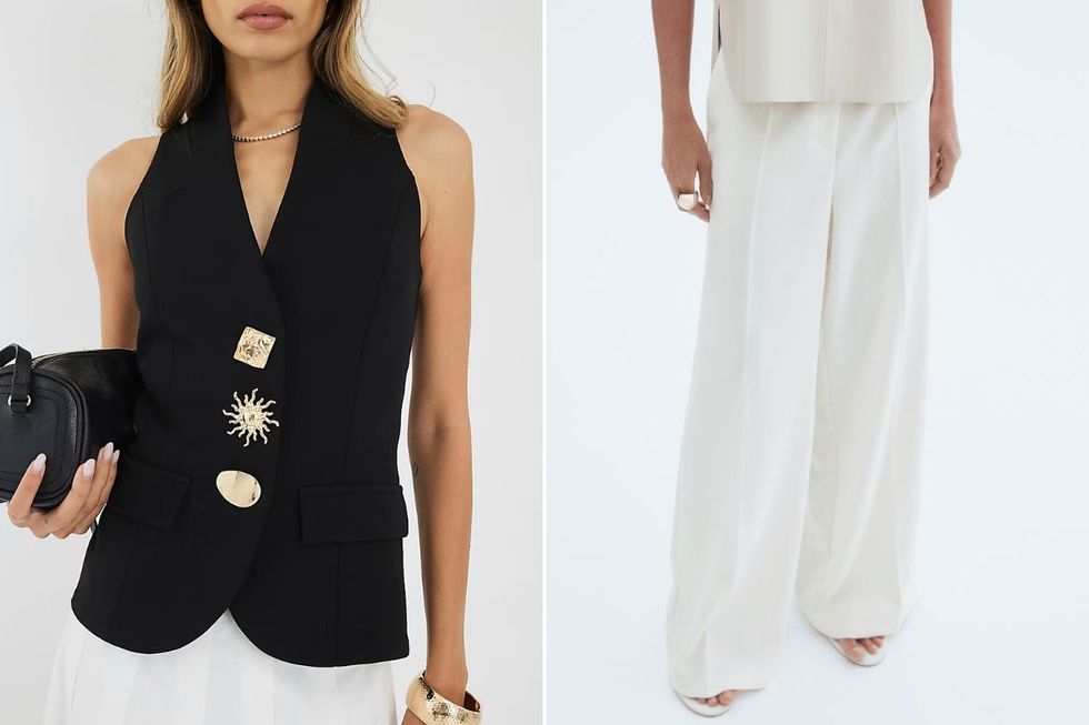 Black Sleeveless Button Detail Waistcoat | River Island / Wide Tailored Trousers | H&M