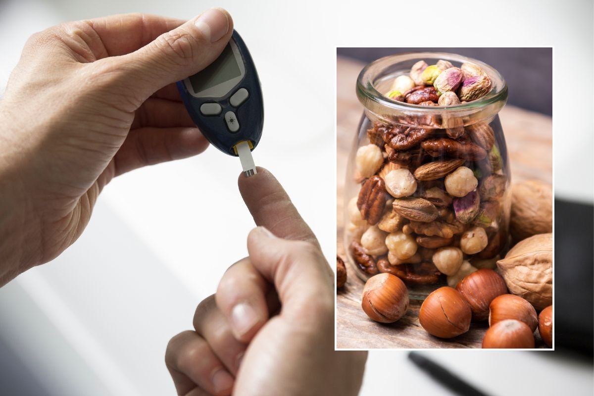 BLOOD GLUCOSE TEST AND NUTS IN CONTAINER