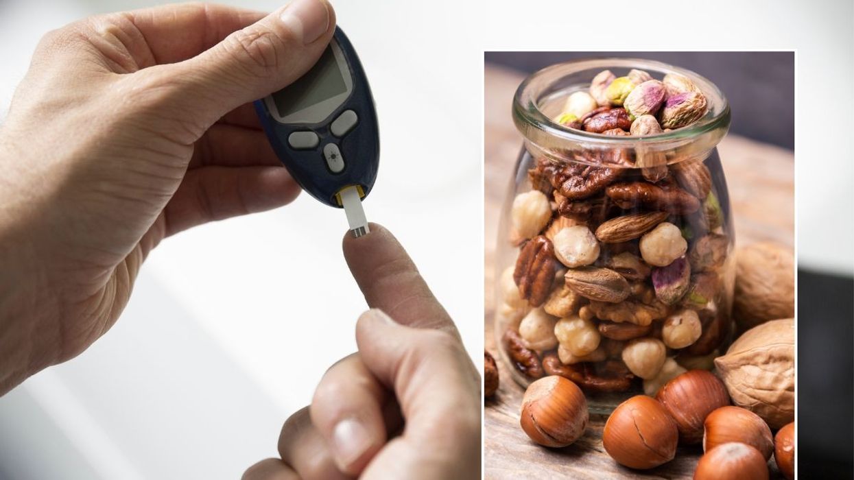 BLOOD GLUCOSE TEST AND NUTS IN CONTAINER