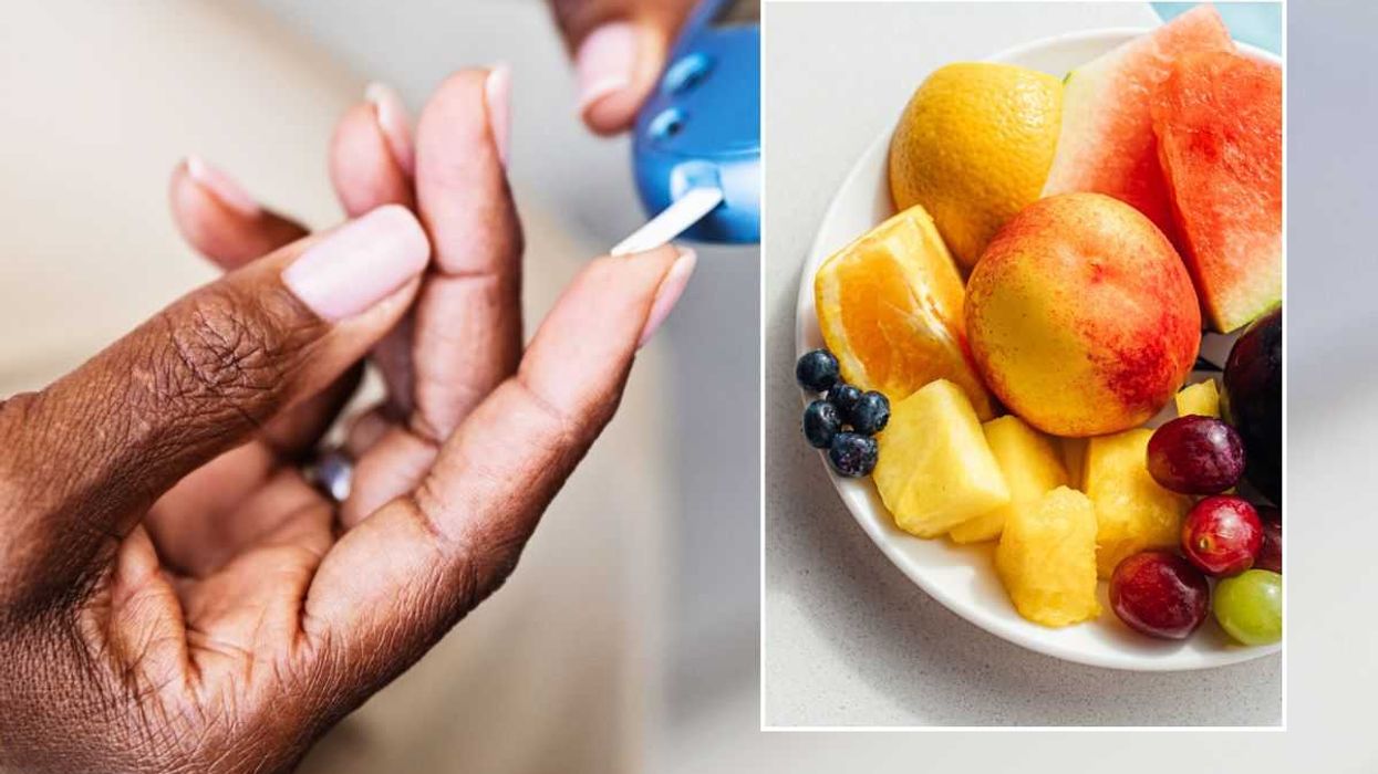 BLOOD SUGAR TEST AND PLATE OF TROPICAL FRUIT