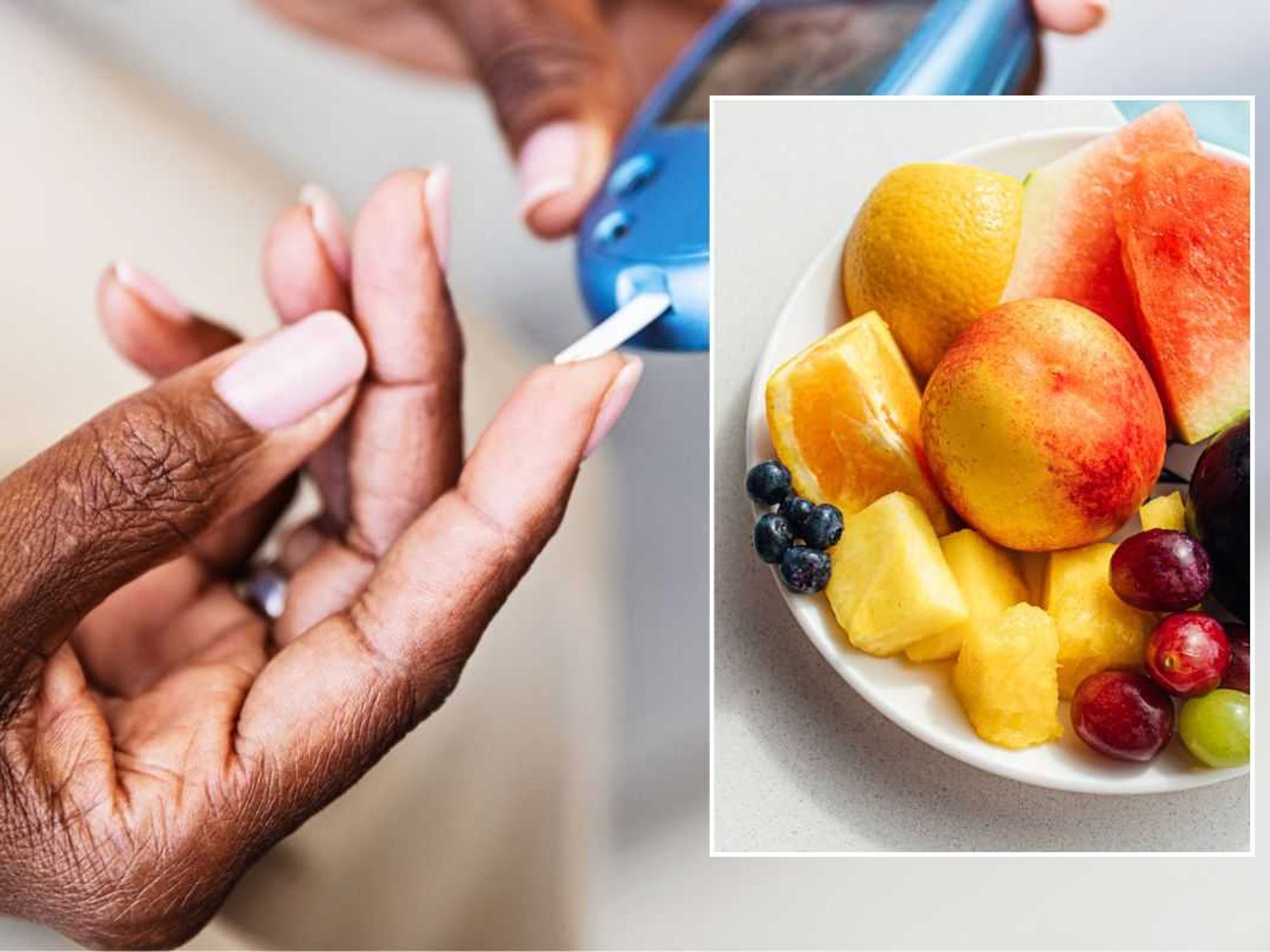 BLOOD SUGAR TEST AND PLATE OF TROPICAL FRUIT