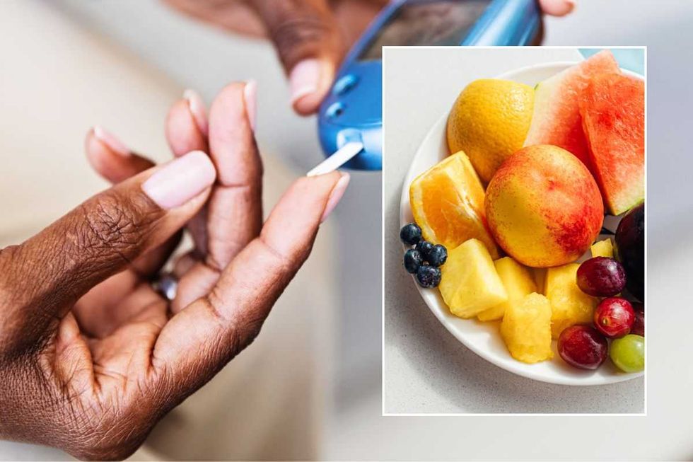 BLOOD SUGAR TEST AND PLATE OF TROPICAL FRUIT